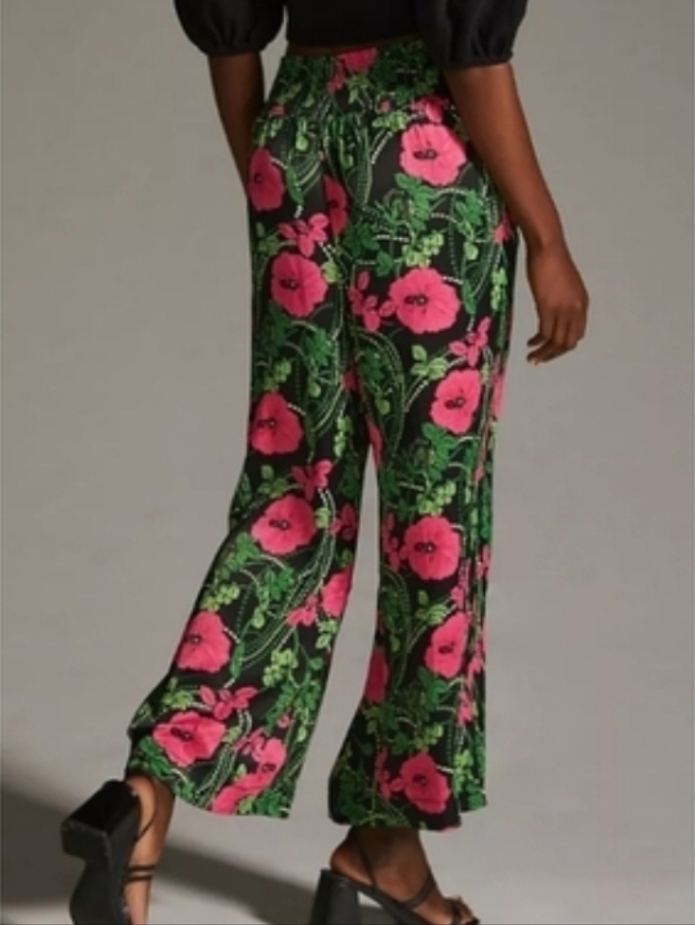 Anthropologie Maeve The Saria Smocked Wide-Leg Floral Pants Kelly Green/Pink S - Picture 2 of 16